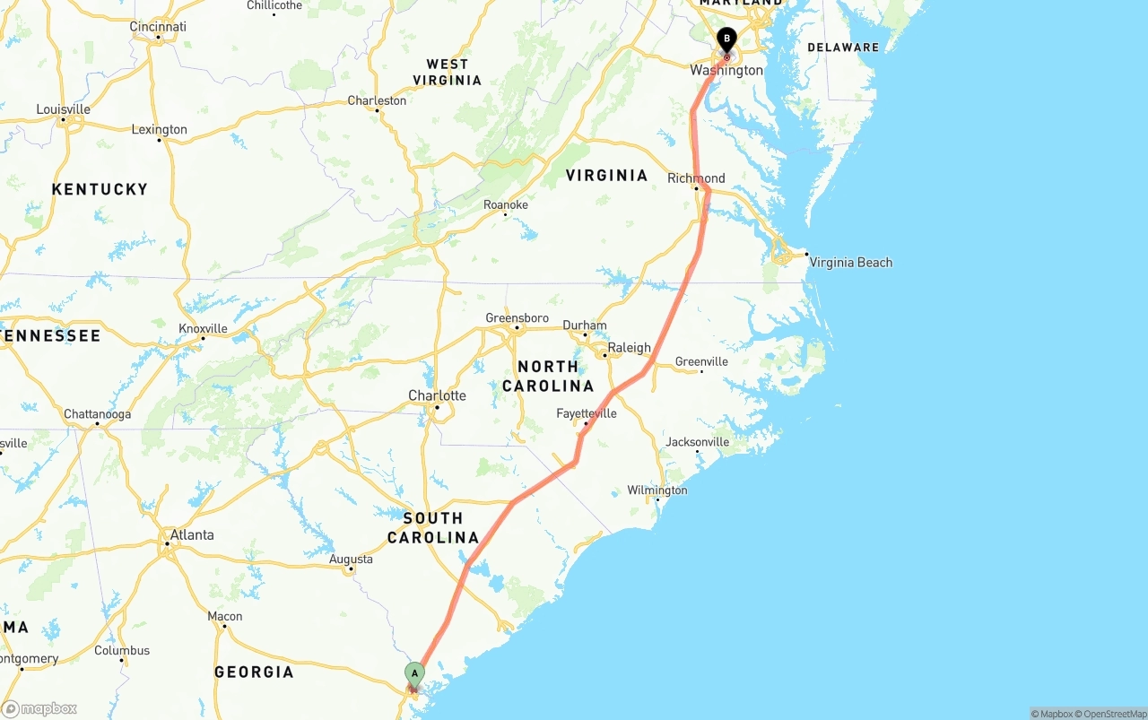 Shipping route from Port of Savannah to Washington D.C.