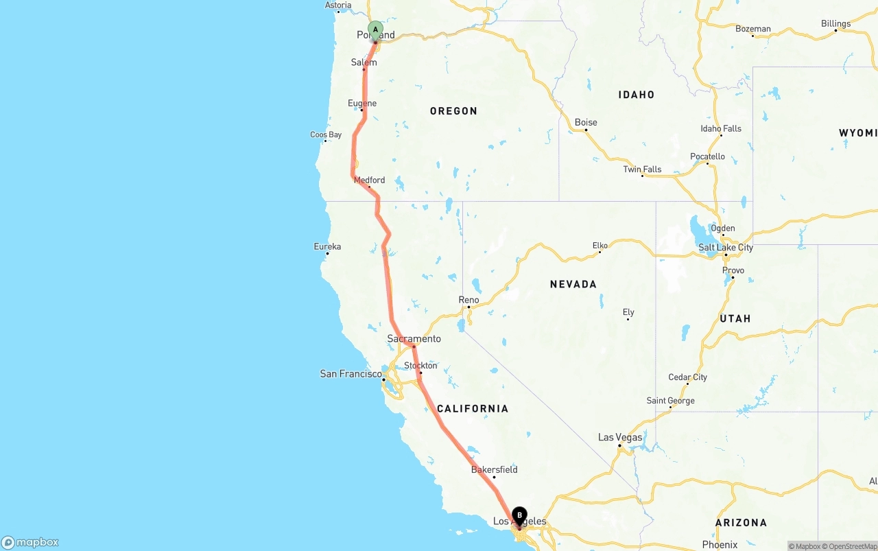 Shipping route from Portland to Los Angeles