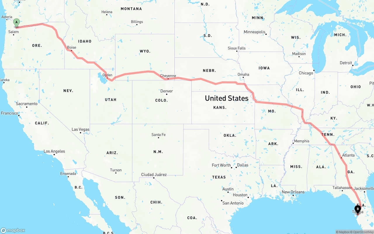 Shipping route from Portland to Tampa