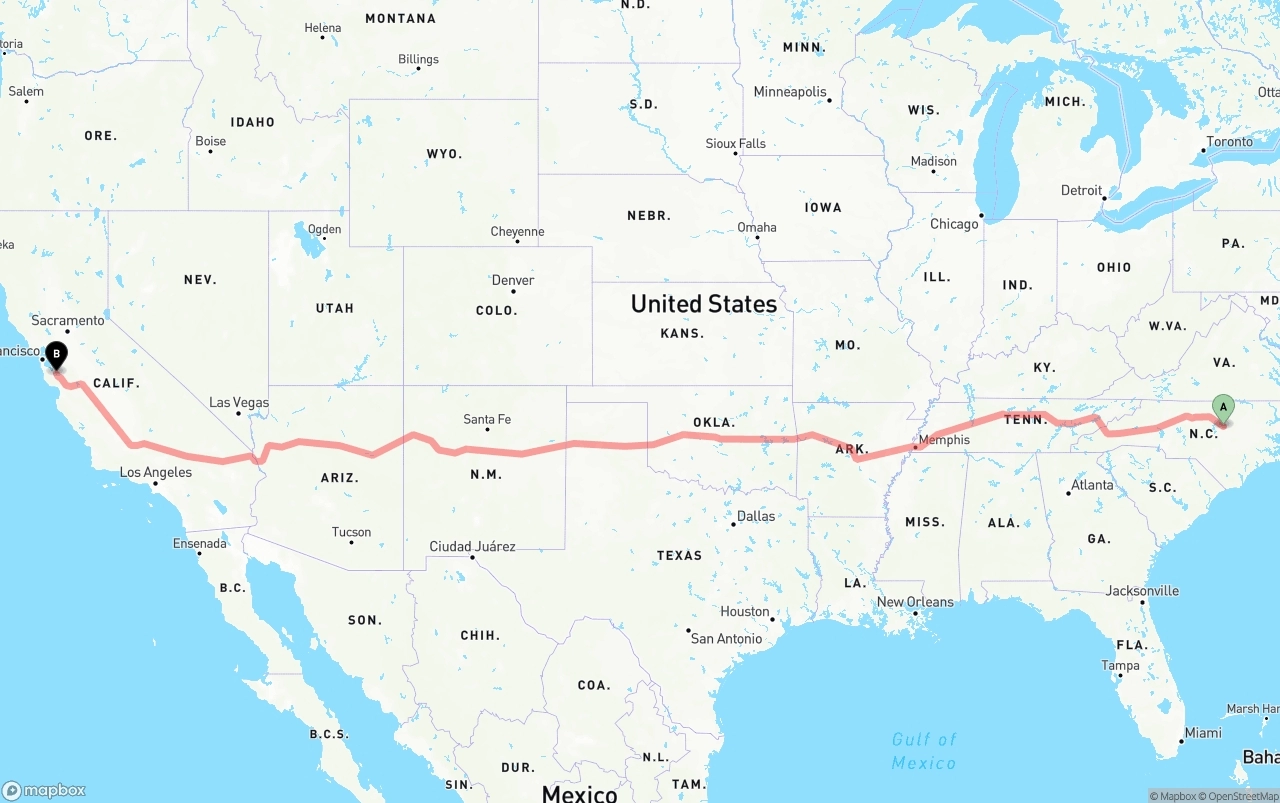 Shipping route from Raleigh to San Jose
