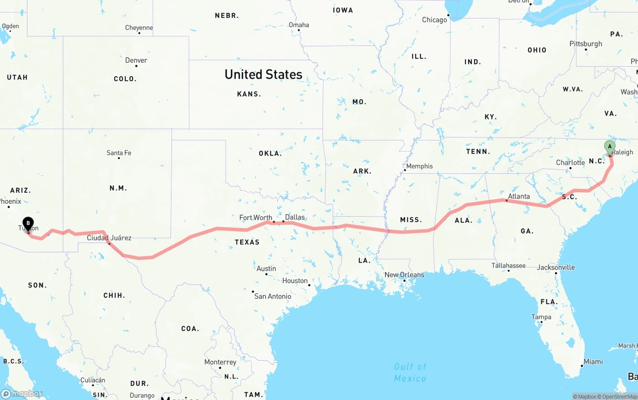 Shipping route from Raleigh to Tucson