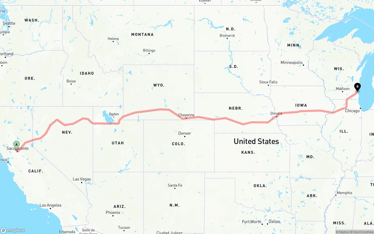 Shipping route from Sacramento International Airport to Milwaukee