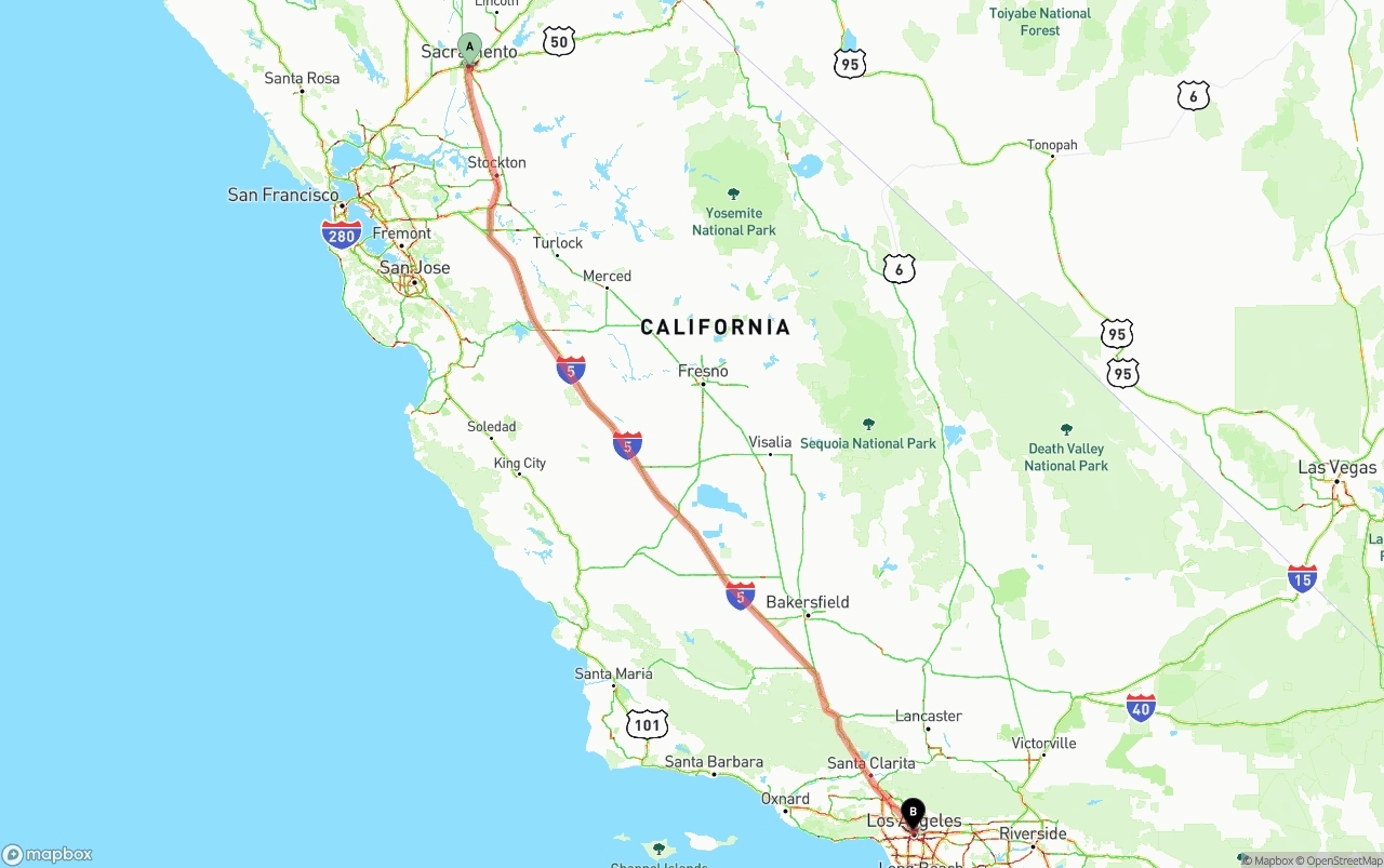 Shipping route from Sacramento to Los Angeles
