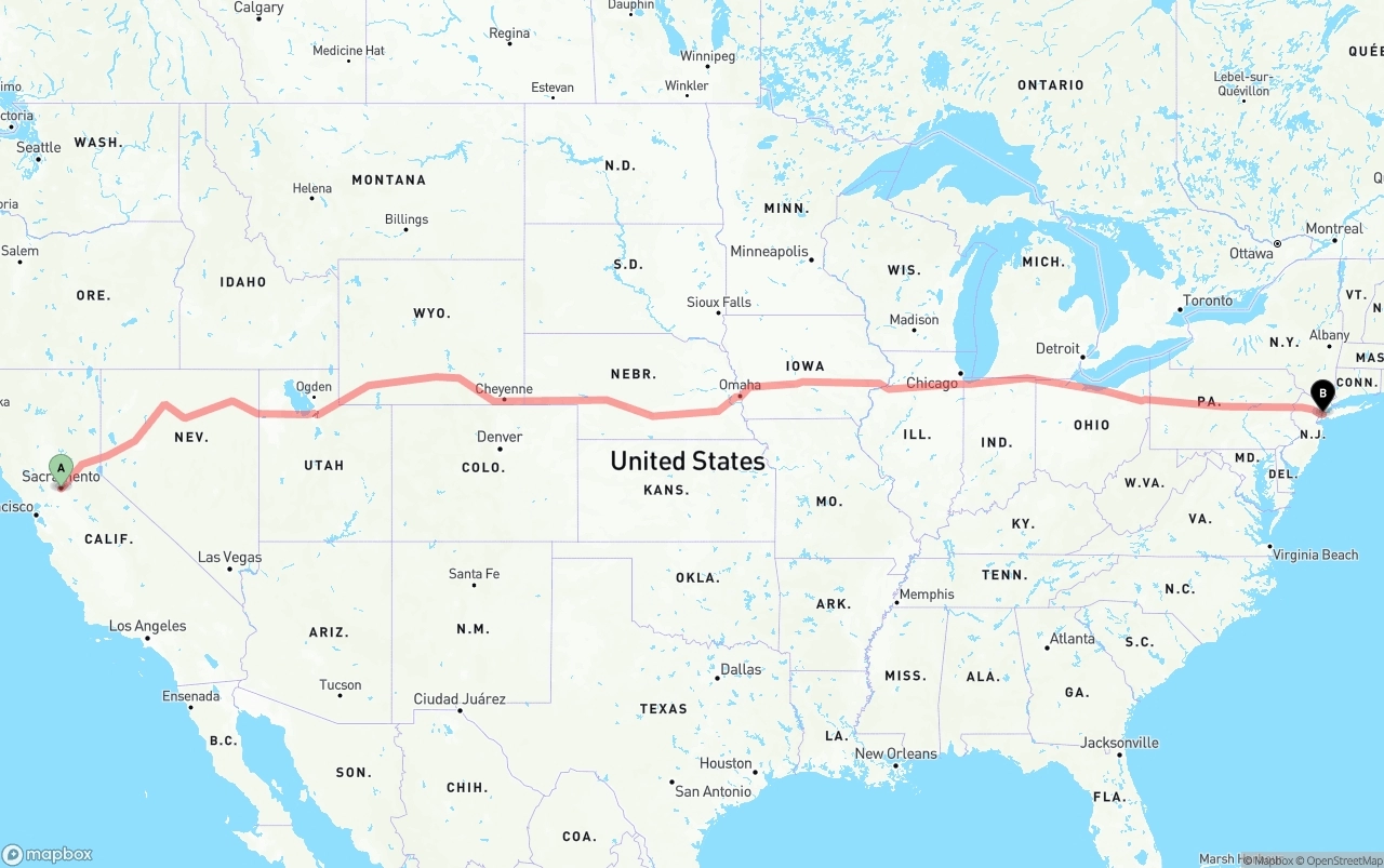 Shipping route from Sacramento to New York City