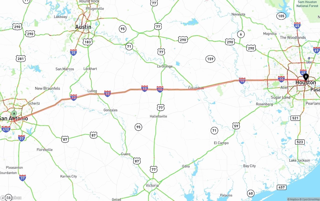 Shipping route from San Antonio to Houston