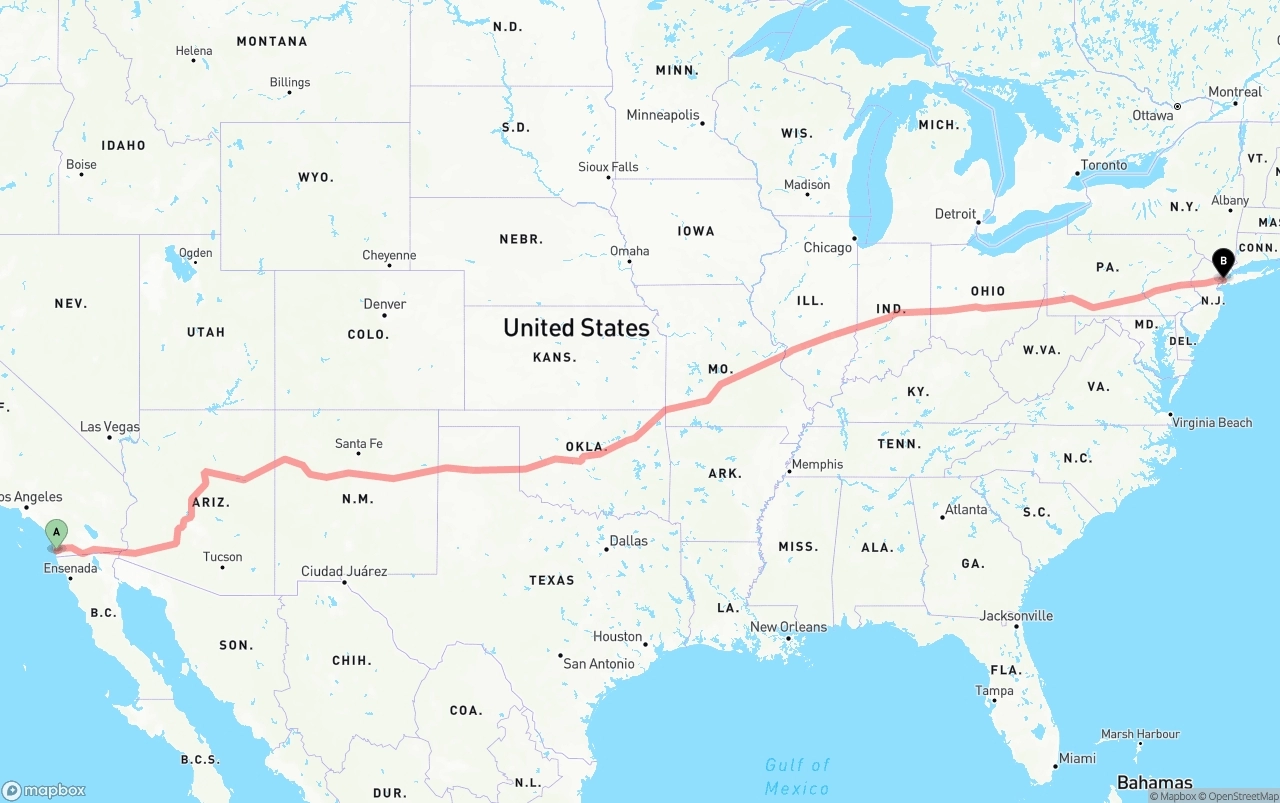 Shipping route from San Diego to New York City