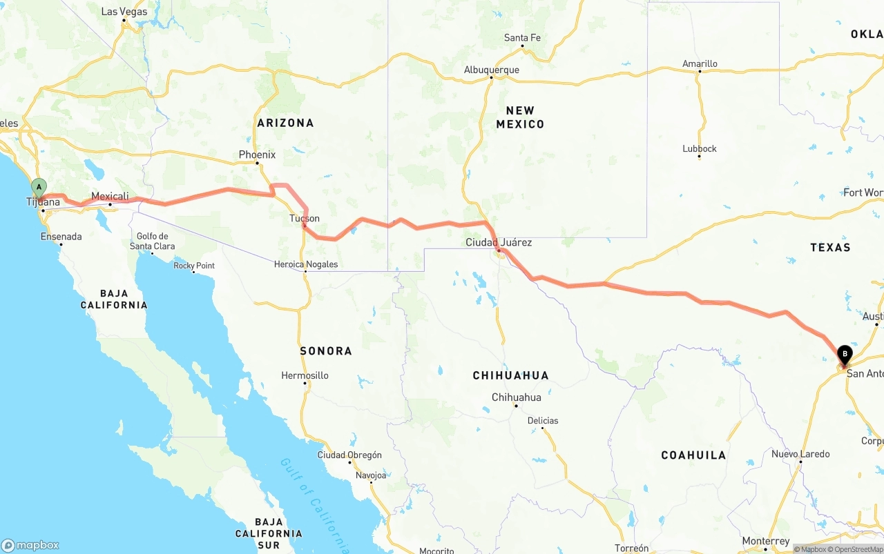 Shipping route from San Diego to San Antonio