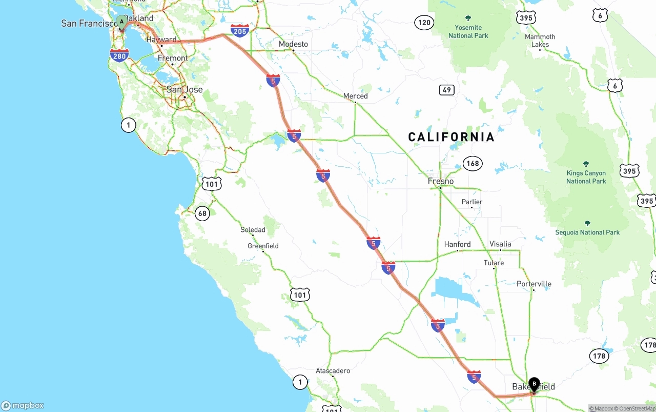Shipping route from San Francisco to Bakersfield