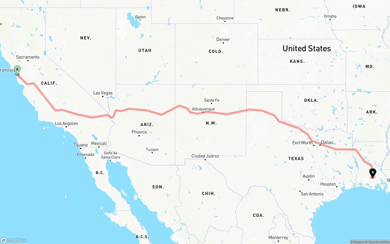 Shipping route from San Francisco International Airport to Louisiana