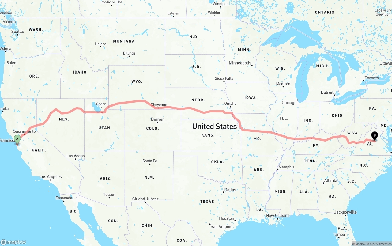 Shipping route from San Francisco International Airport to Virginia