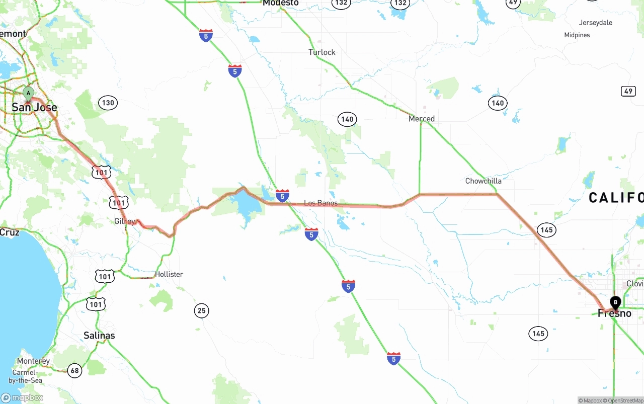 Shipping route from San Jose to Fresno