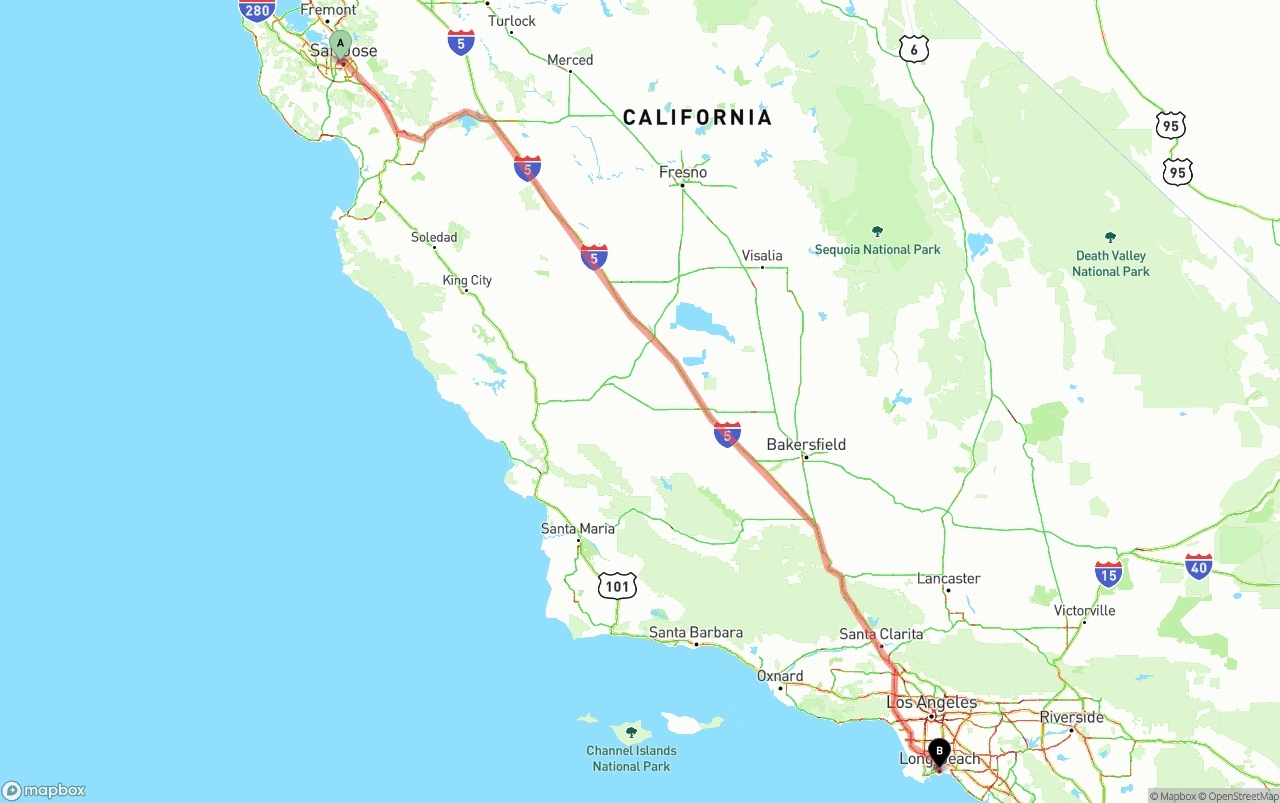Shipping route from San Jose to Long Beach