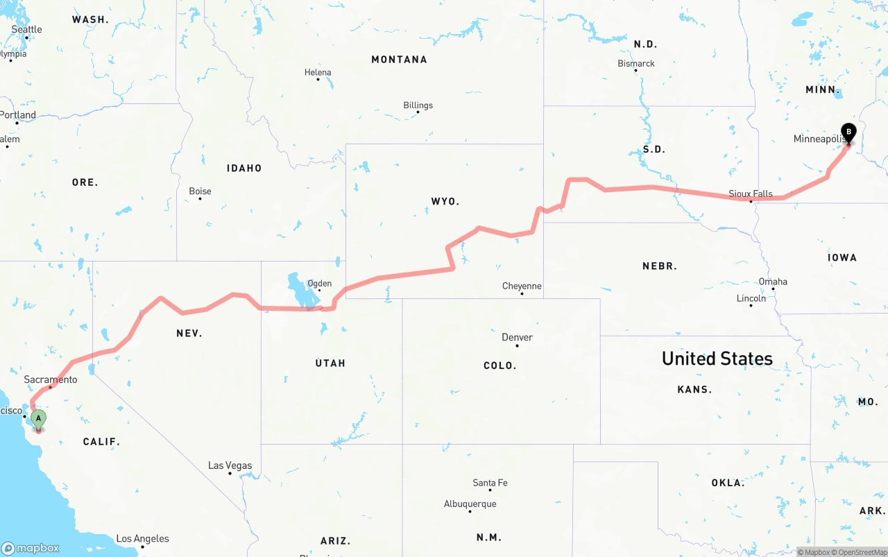 Shipping route from San Jose to Minneapolis