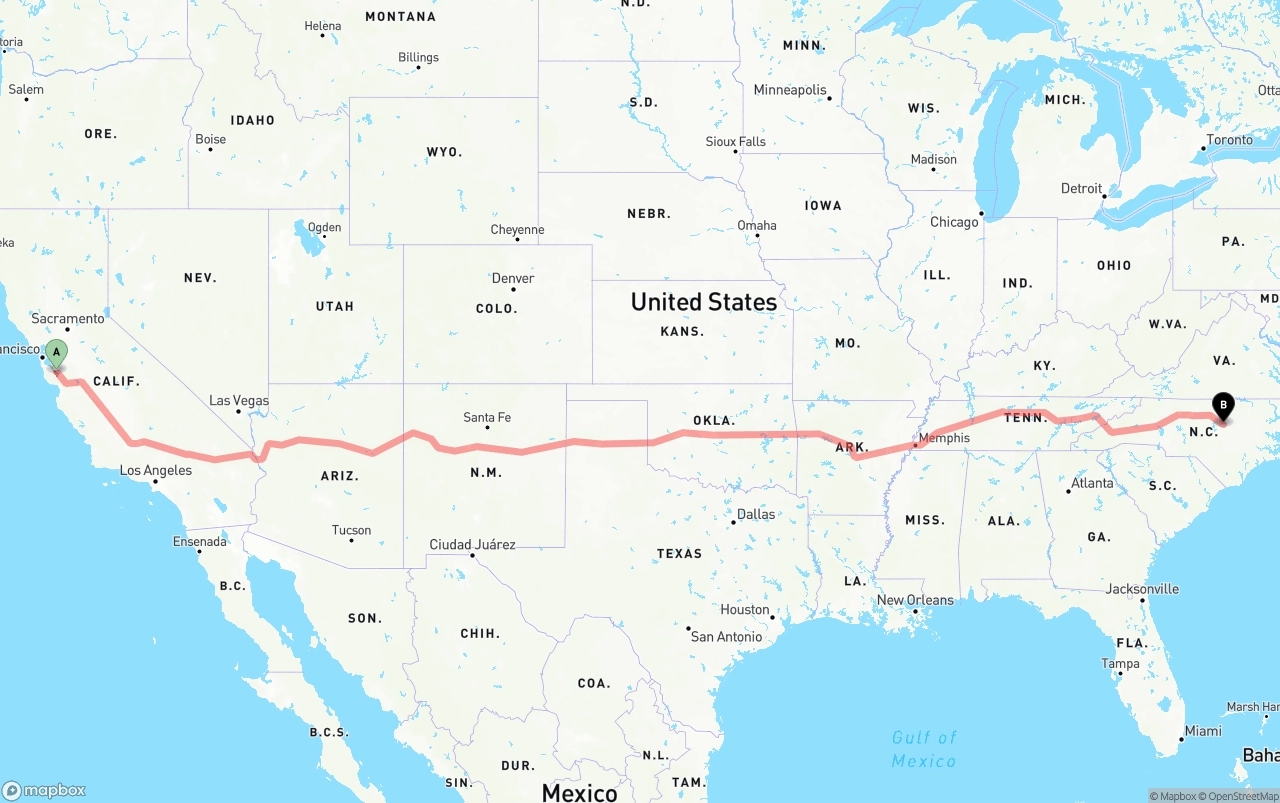 Shipping route from San Jose to Raleigh