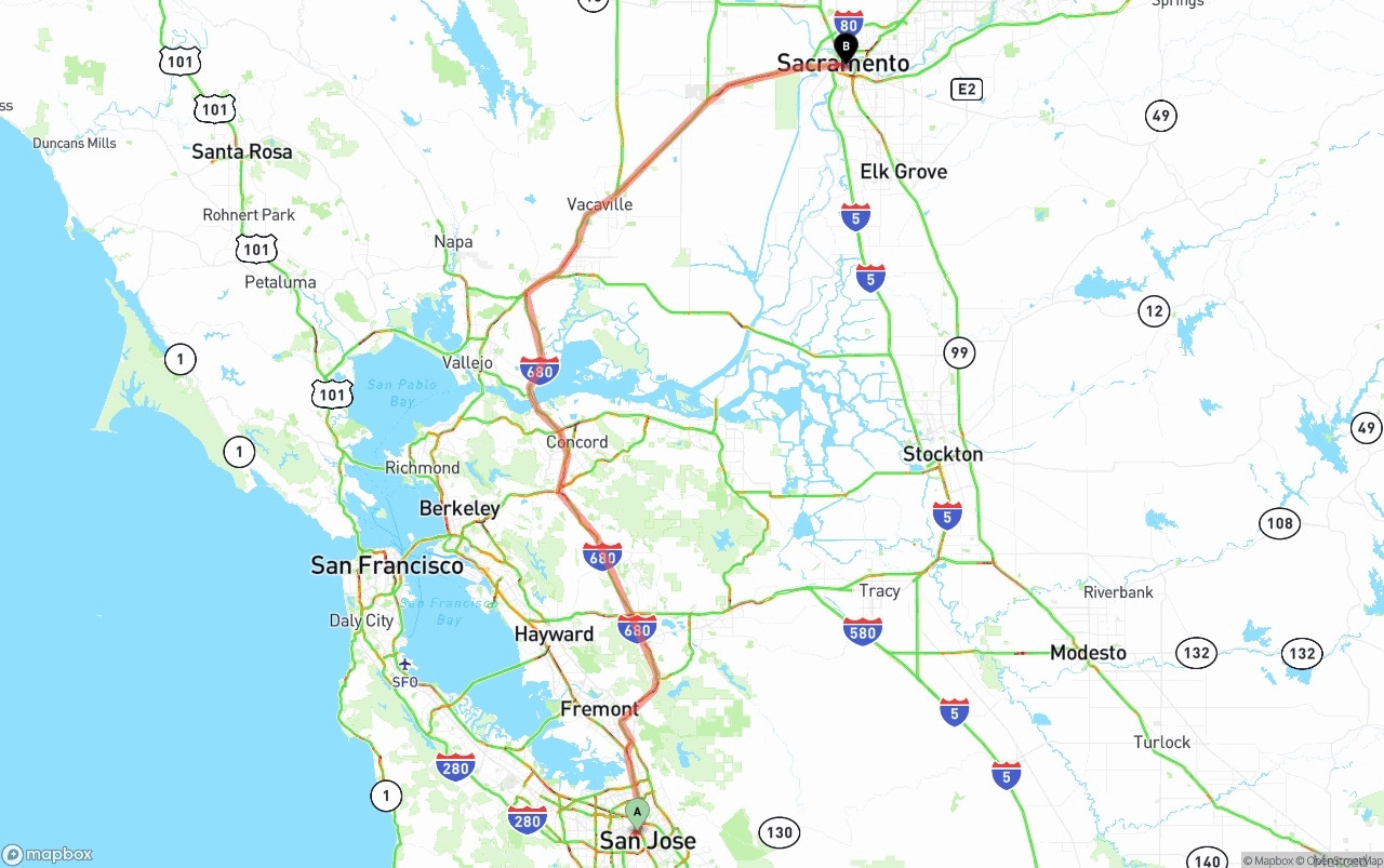 Shipping route from San Jose to Sacramento