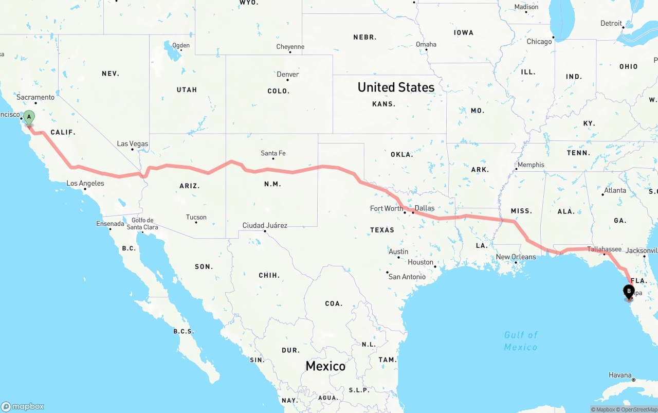 Shipping route from San Jose to St. Petersburg