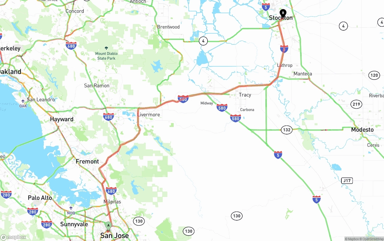 Shipping route from San Jose to Stockton