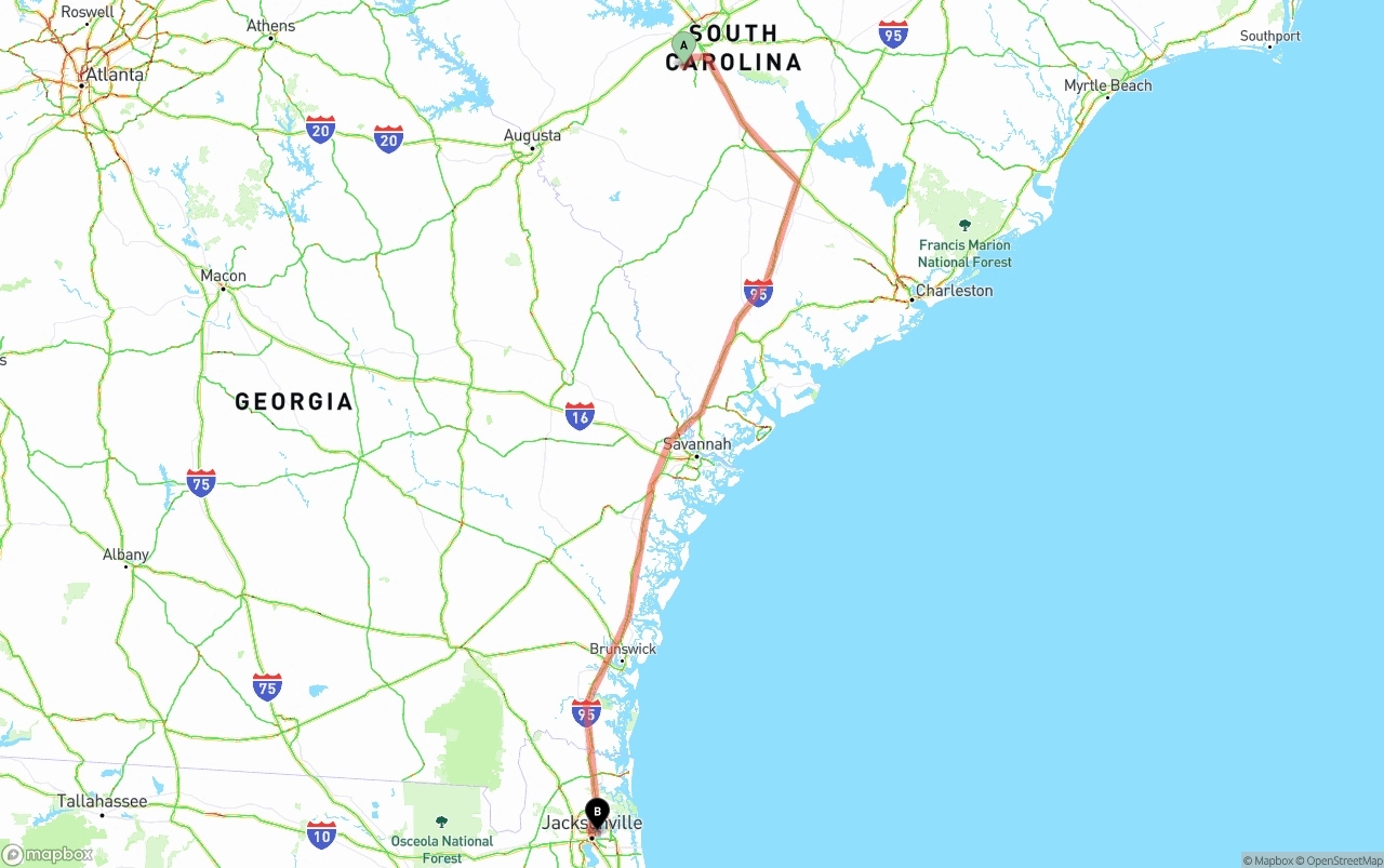 Shipping route from South Carolina to Port of Jacksonville