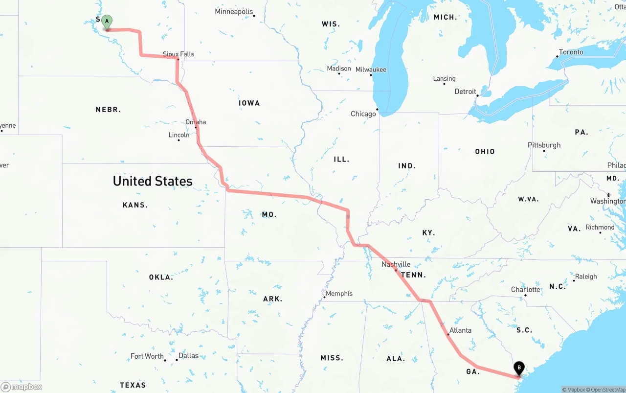 Shipping route from South Dakota to Port of Savannah