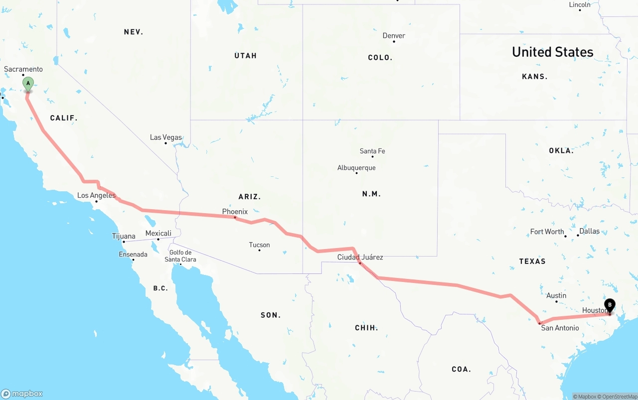 Shipping route from Stockton to Houston