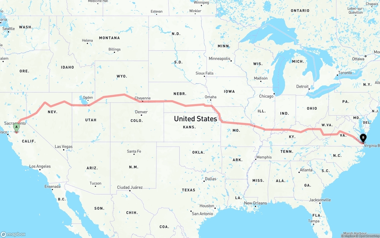 Shipping route from Stockton to Virginia Beach