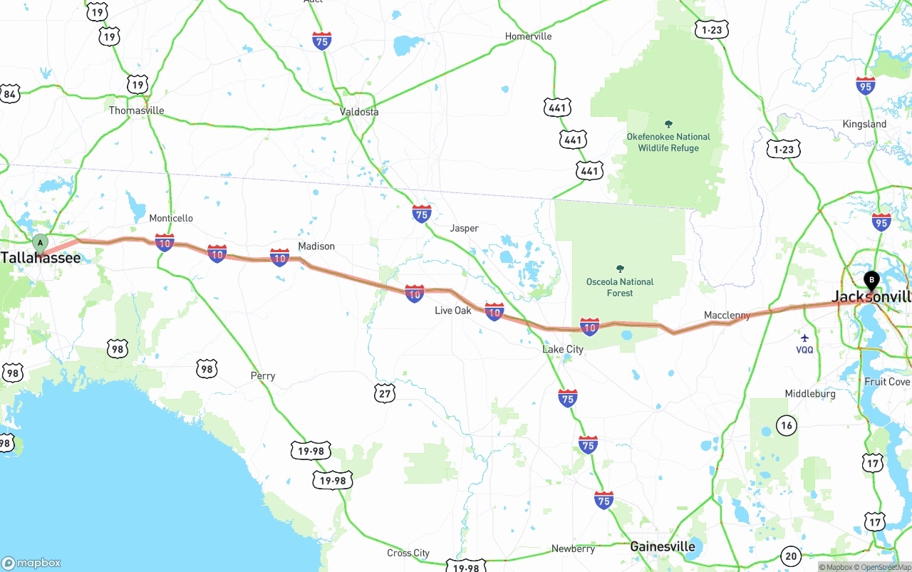 Shipping route from Tallahassee to Jacksonville