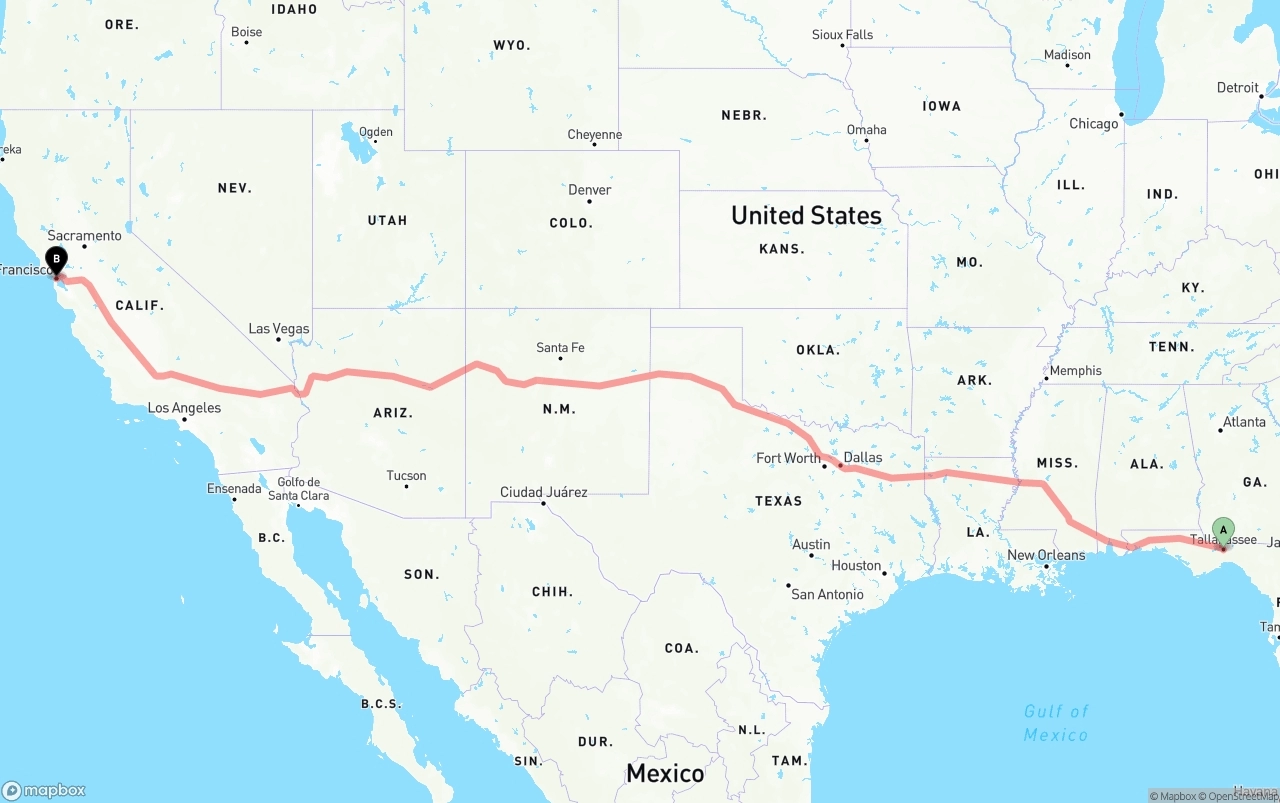 Shipping route from Tallahassee to San Francisco