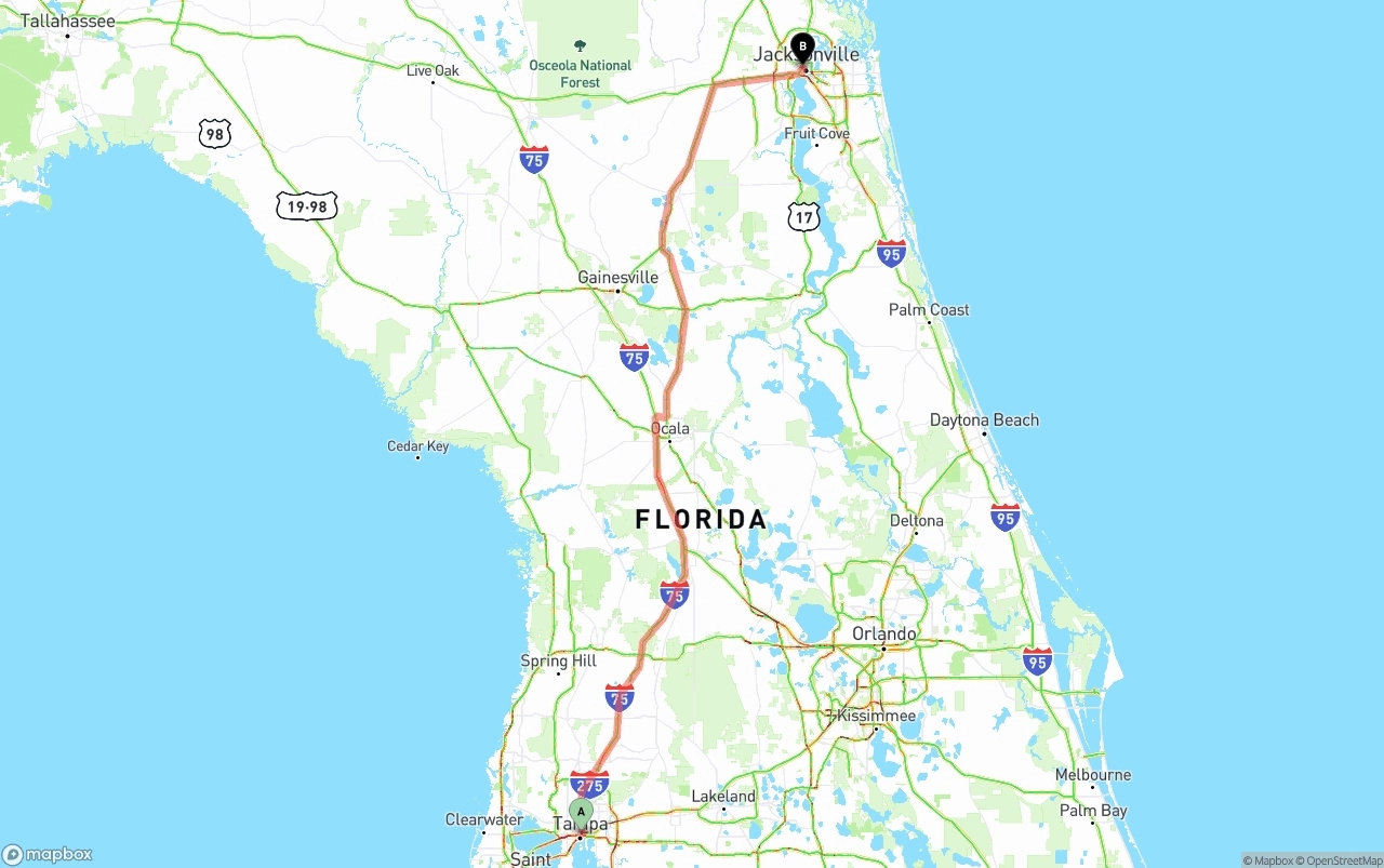 Shipping route from Tampa to Jacksonville