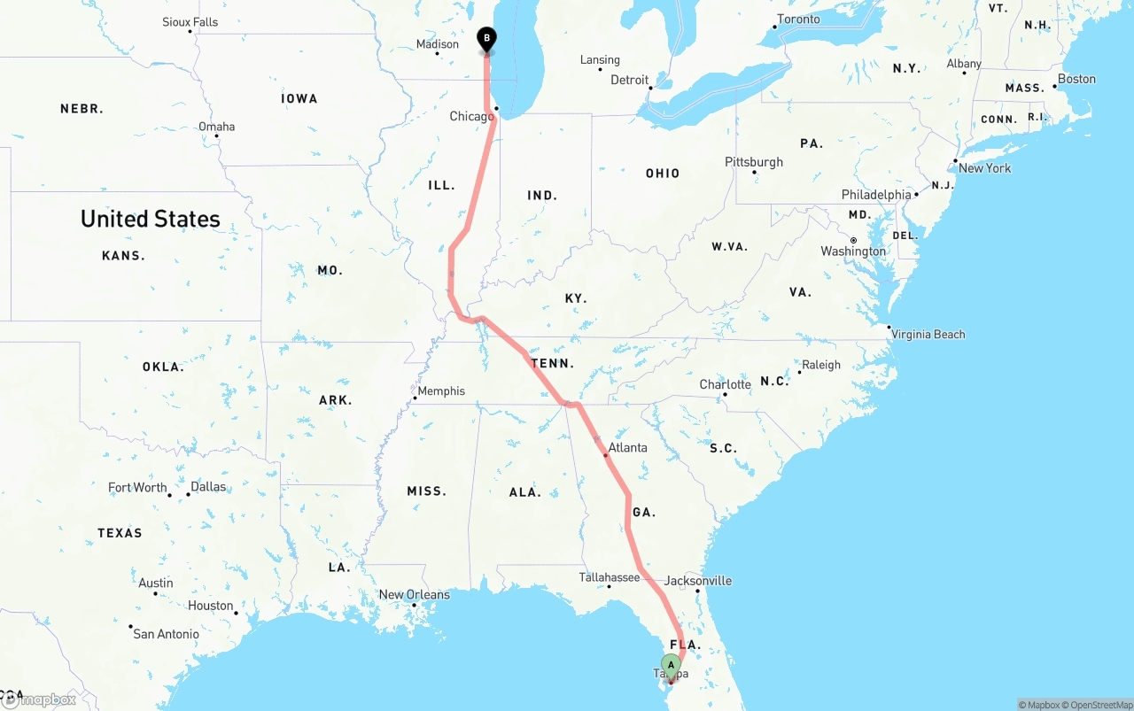 Shipping route from Tampa to Milwaukee