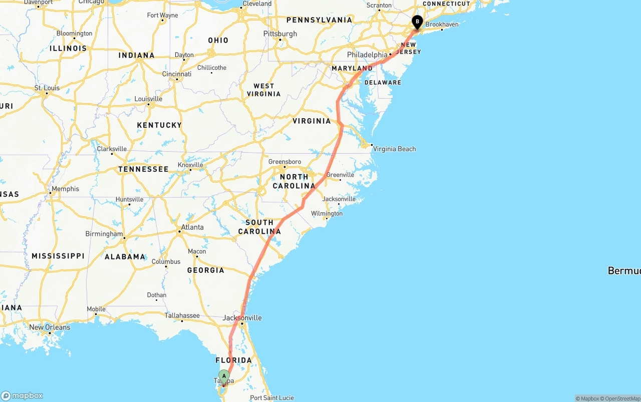Shipping route from Tampa to New York City