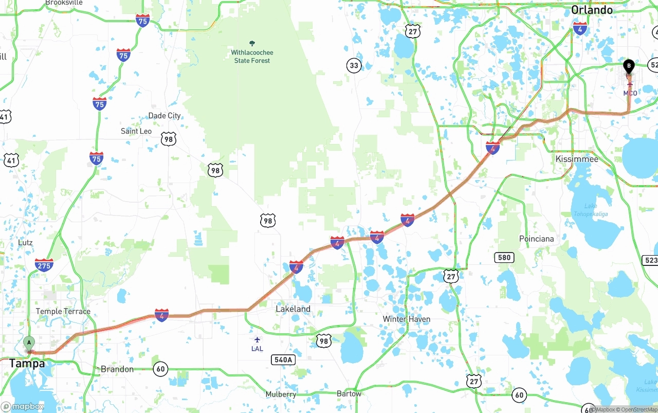 Shipping route from Tampa to Orlando International Airport