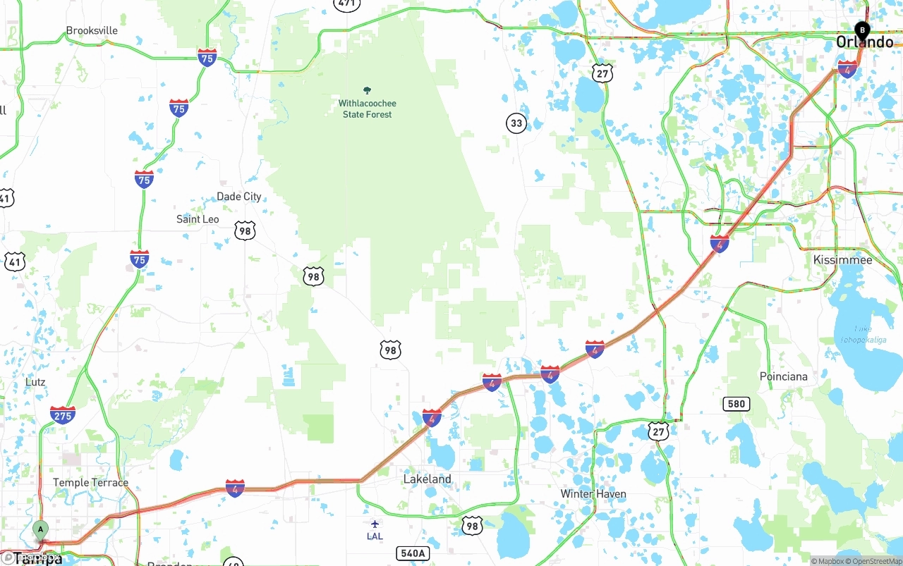 Shipping route from Tampa to Orlando