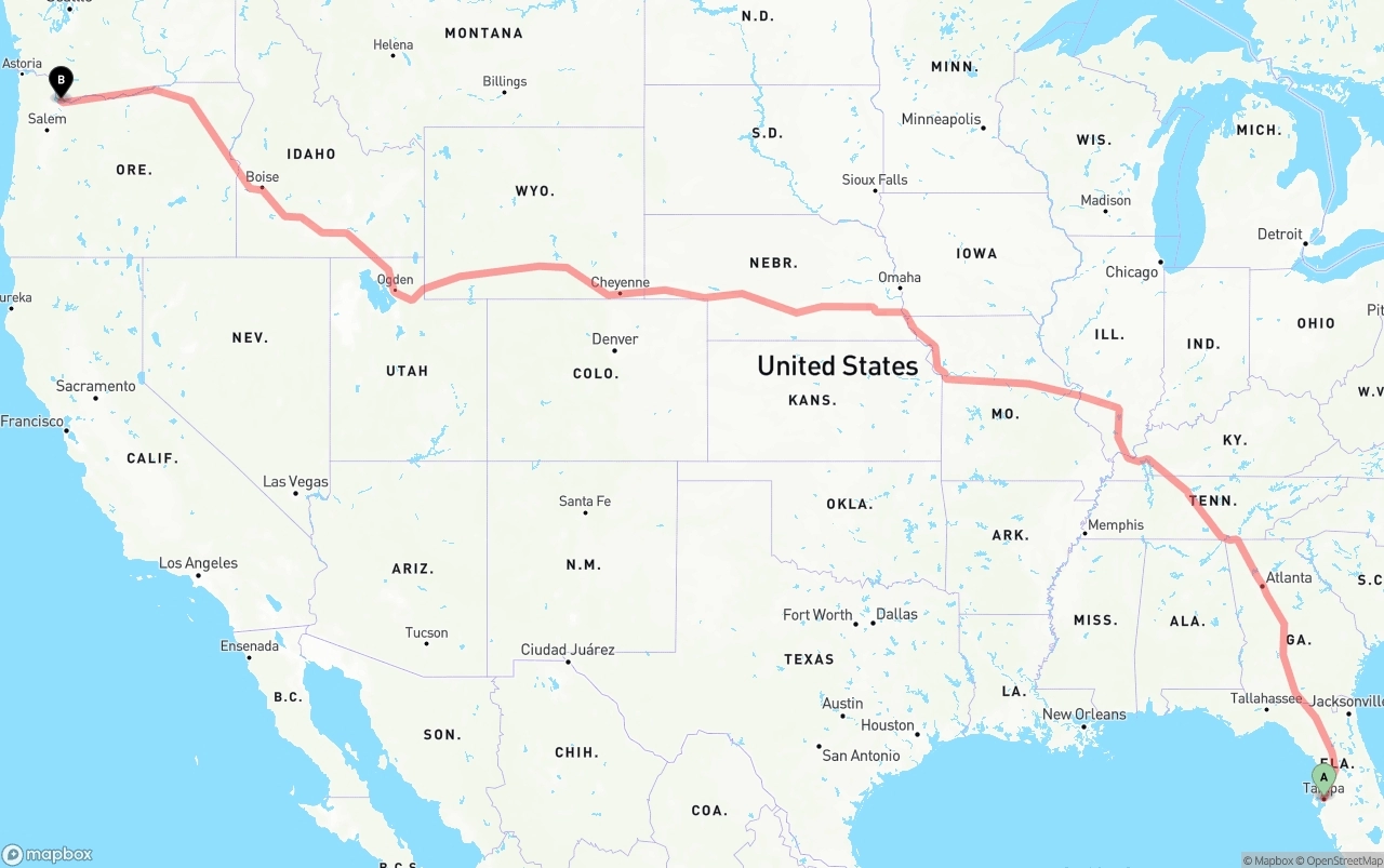 Shipping route from Tampa to Portland International Airport