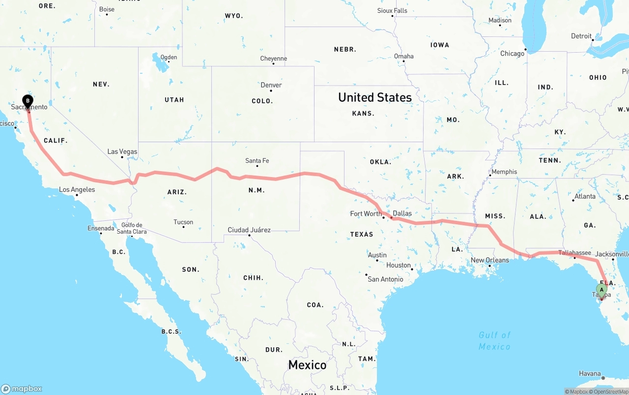 Shipping route from Tampa to Sacramento International Airport