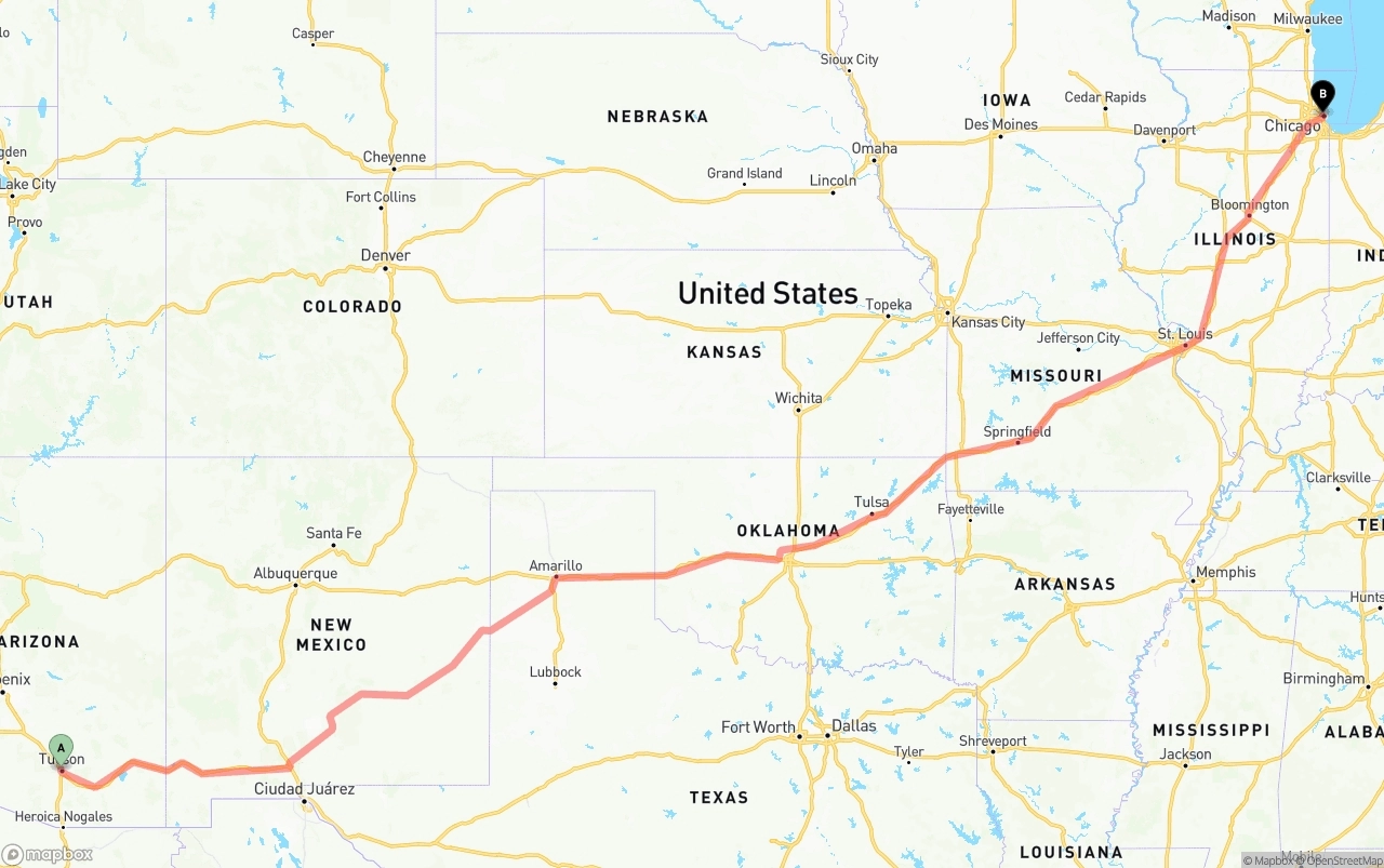 Shipping route from Tucson to Chicago