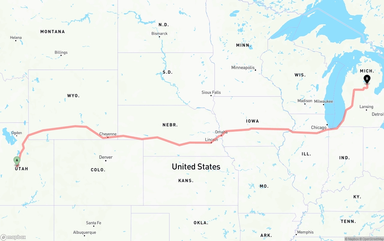 Shipping route from Utah to Michigan