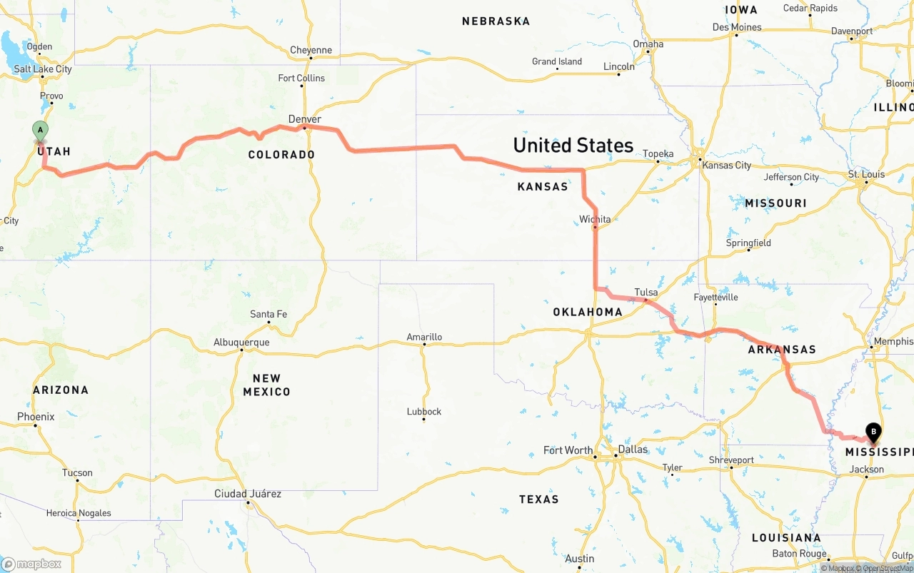 Shipping route from Utah to Mississippi
