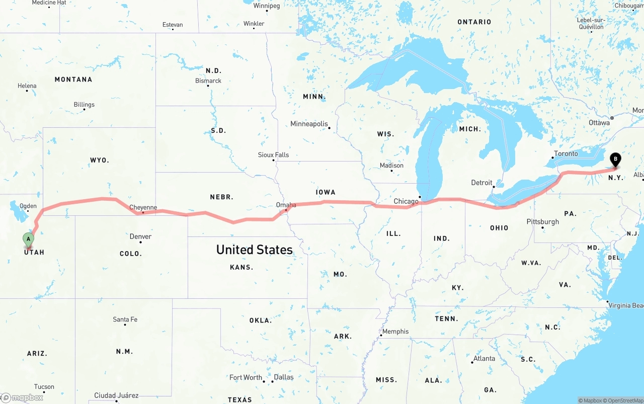 Shipping route from Utah to New York