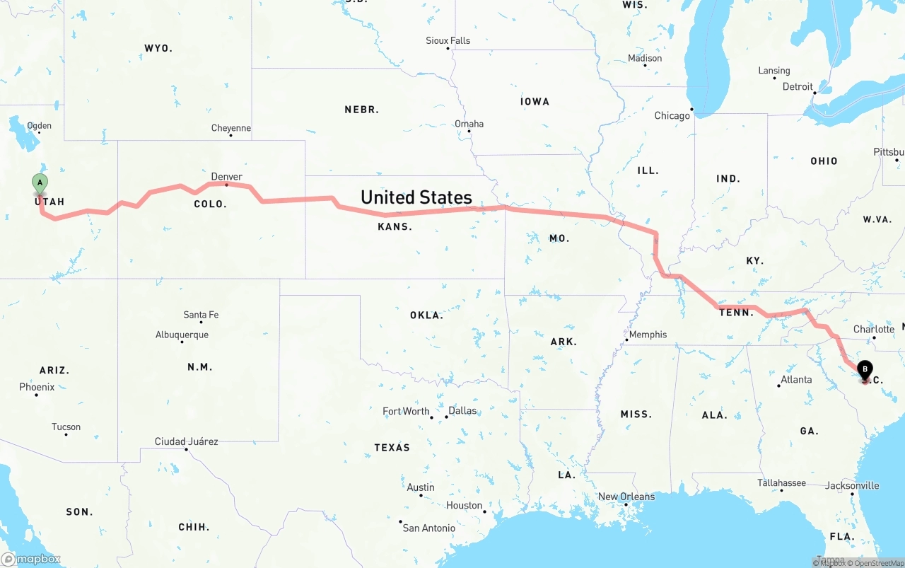 Shipping route from Utah to South Carolina
