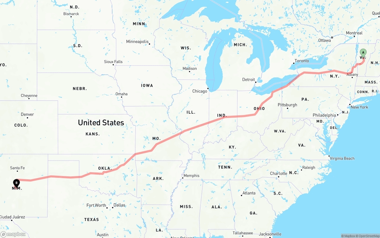Shipping route from Vermont to New Mexico