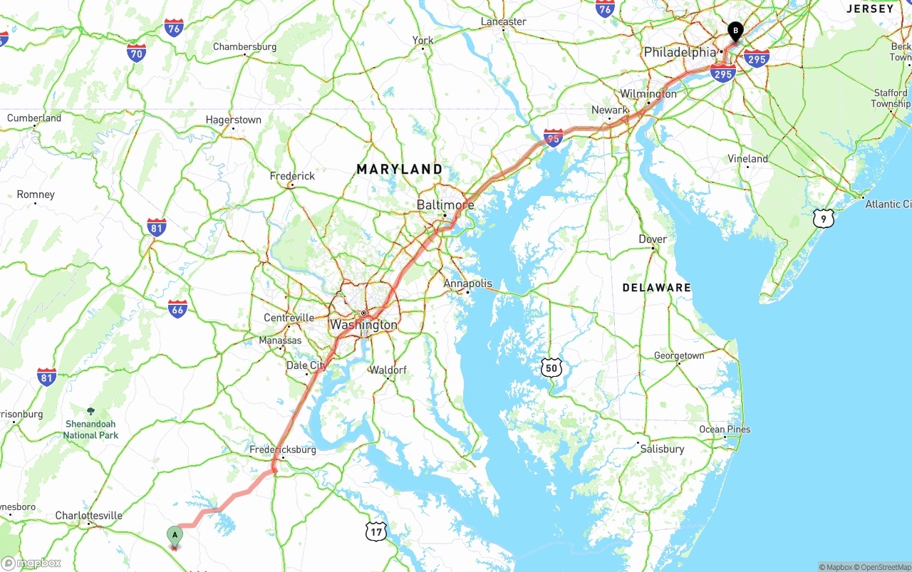 Shipping route from Virginia to Port of Philadelphia