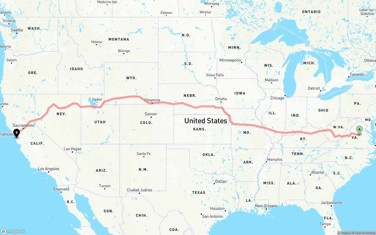 Shipping route from Virginia to San Francisco International Airport