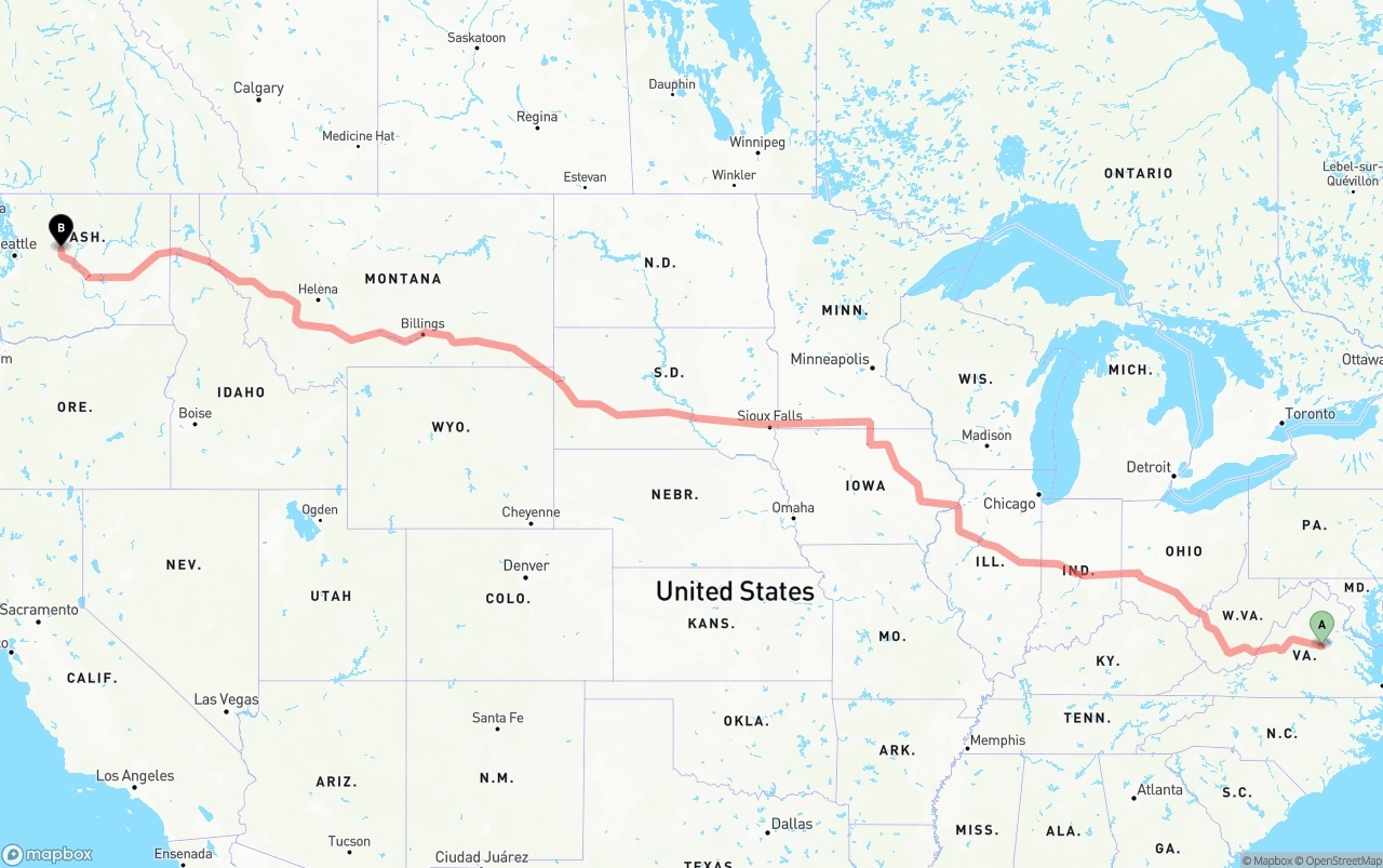 Shipping route from Virginia to Washington
