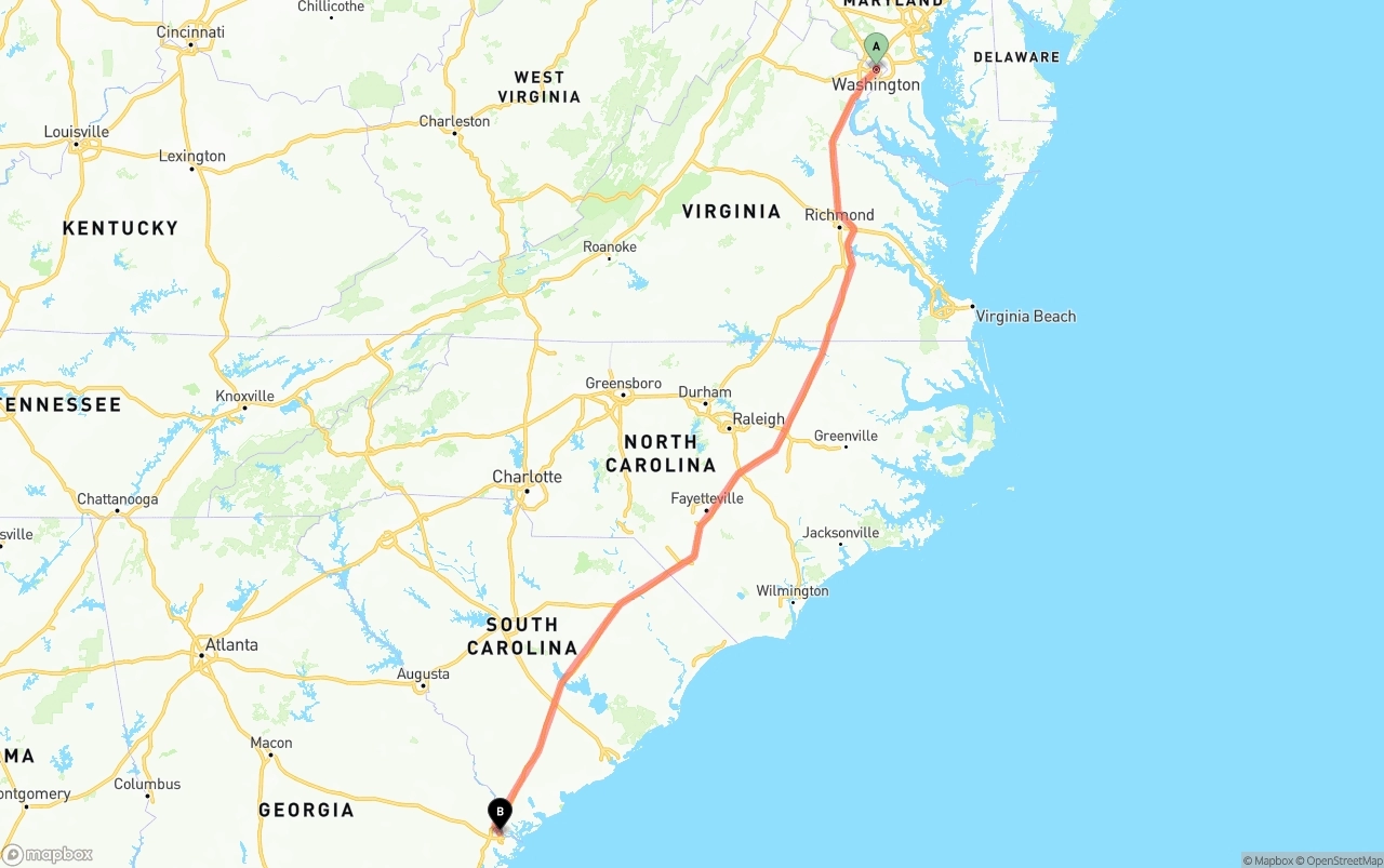 Shipping route from Washington D.C. to Port of Savannah