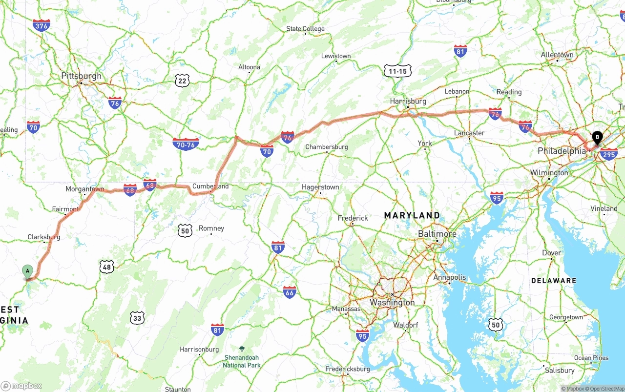 Shipping route from West Virginia to Port of Philadelphia