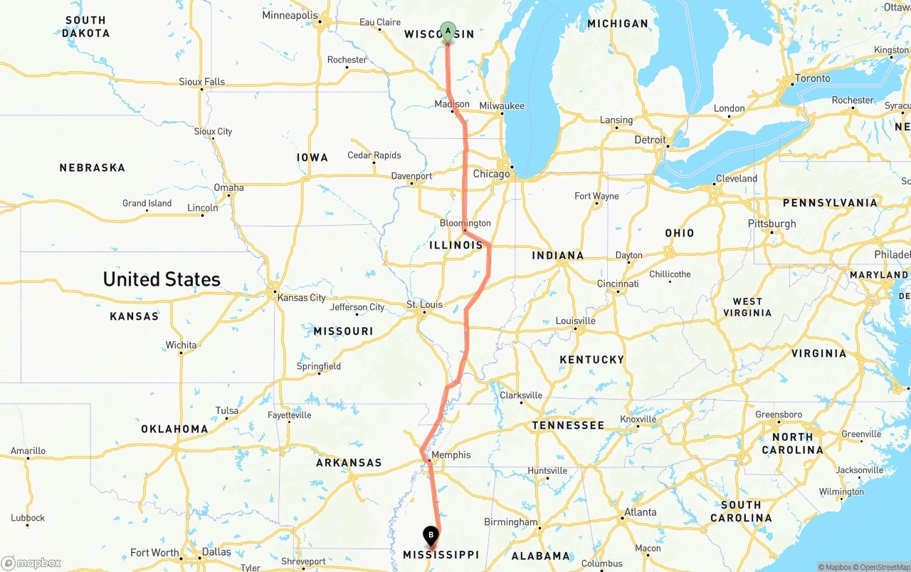 Shipping route from Wisconsin to Mississippi